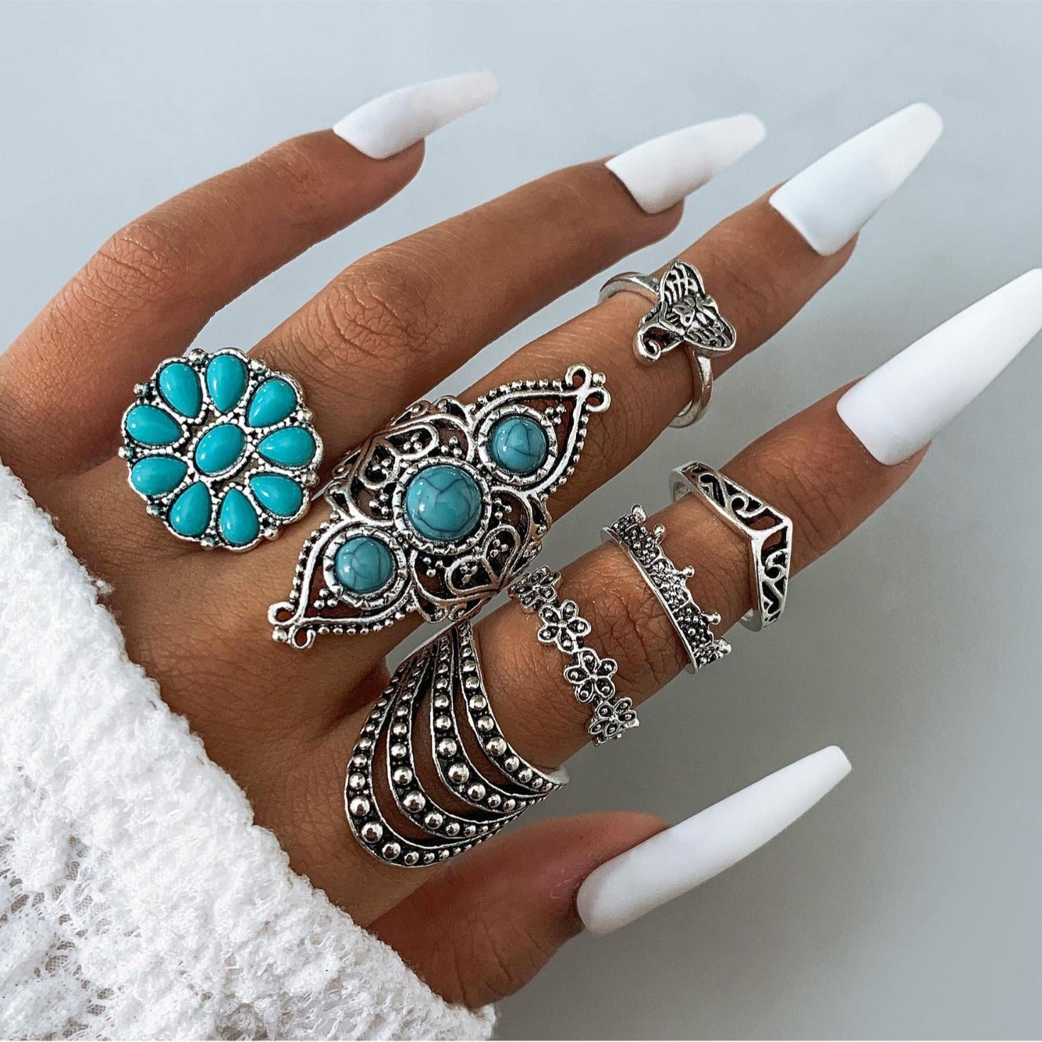 Wholesale Vintage Antique Turquoise Inlaid Exaggerated Ring suit Flower Crown Leaves Eagle Joint Ring Eight-piece Set